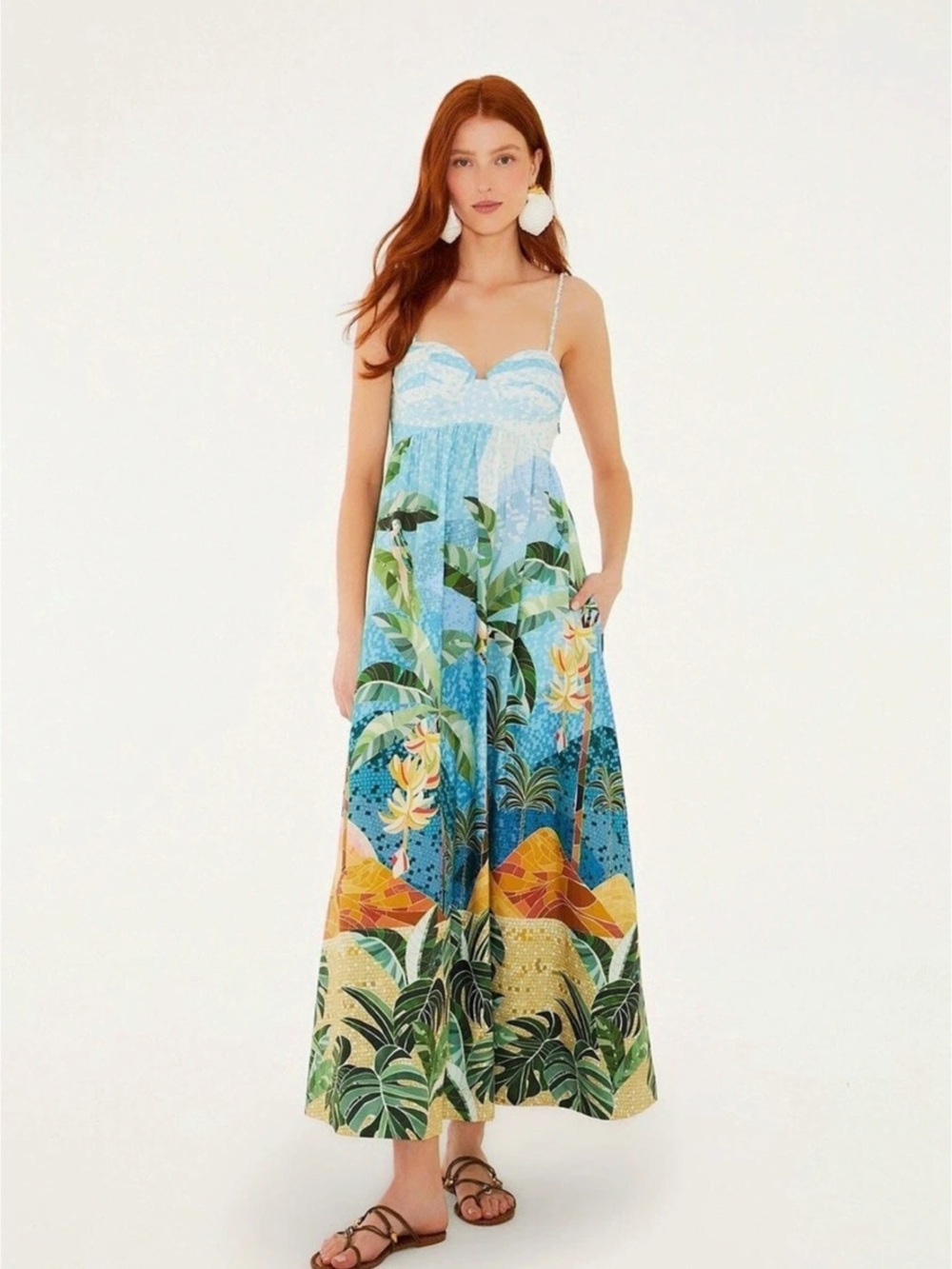 Farm Rio Mosaic Sweetheart Neck Maxi Dress Blue & Green - Picture 2 of 4